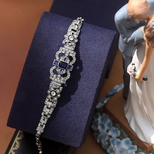 Superbe Bracelet Art Déco Argenté Antique Géométrique Strass Bleu Blanc Marine Dentelle Mariage Vintage Style 1920s Great Gatsby Édouardien