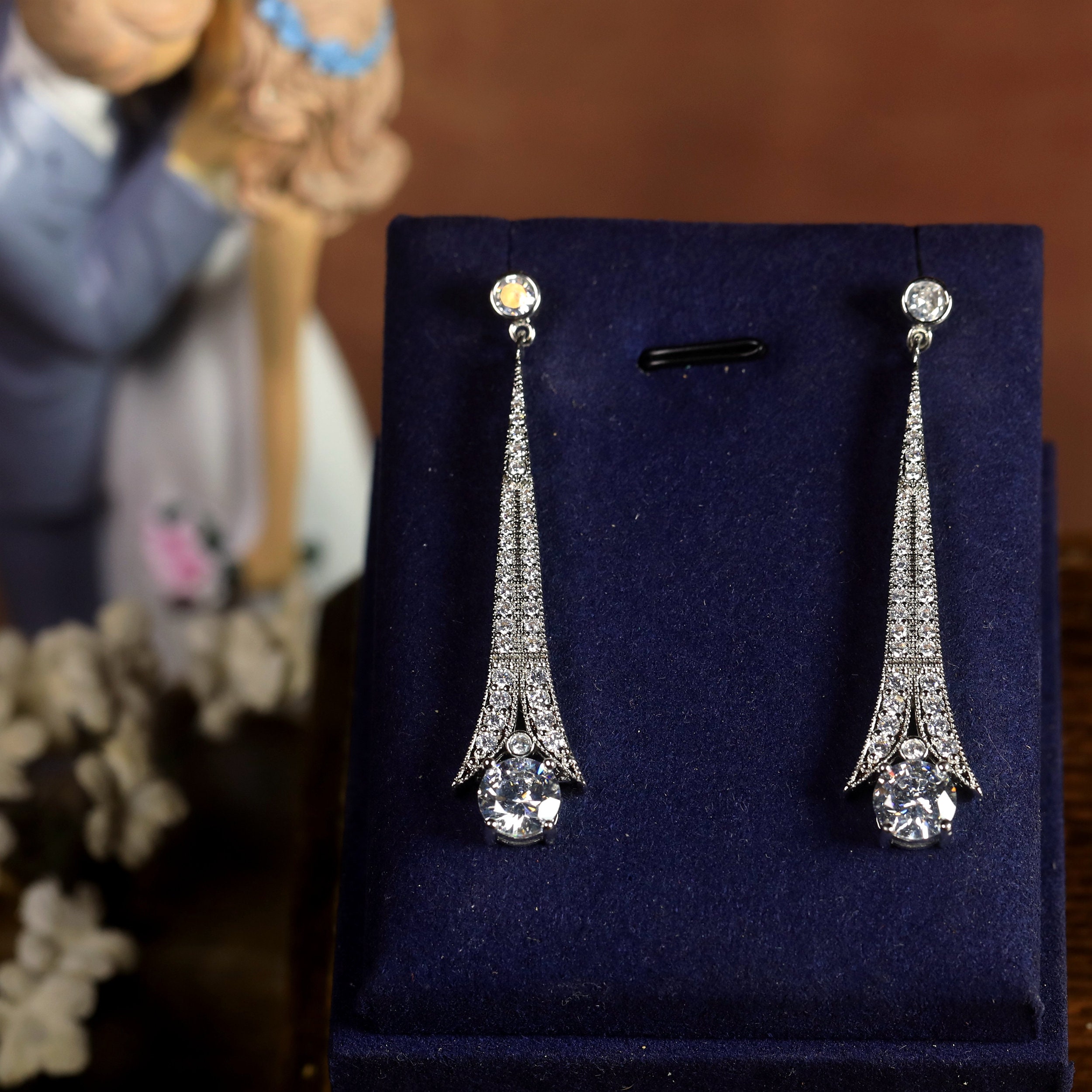 Boucles D'oreilles Clous Art Déco Avec CZ Vert - Style Années 1920 - Neuf Sans Emballage