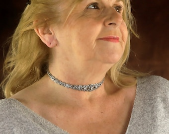 Superbe Collier Ras du Cou Choker Art Déco Argenté Doré Antique Edwardian Floral Great Gatsby 1920s Strass Blanc Vintage Style Mariage