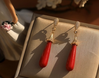 Boucles d'oreilles Clous Doré avec CZ Perle de Nacre Goutte Longue Rouge Mariage Minimaliste Vintage Style Plaqué Or