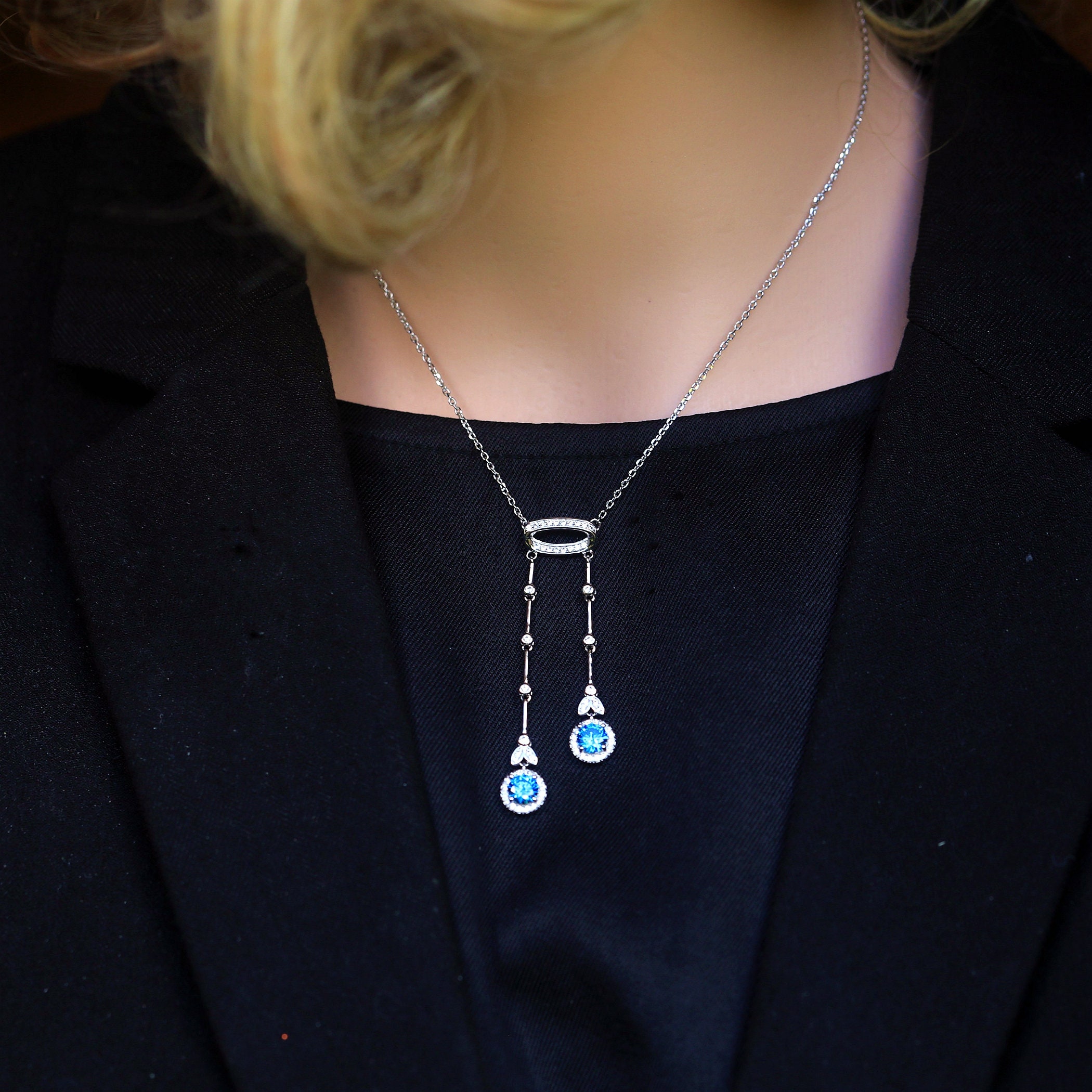 Collier Long Art Déco En Argent 900 - Émail Bleu, Baguettes, Occasion à Restaurer