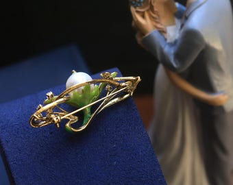 Broche/Pendentif Art Nouveau Fleur émail Vert Avec Perle Jade - Style Vintage, Neuf Sans Emballage