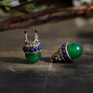 Boucles d'Oreilles Art Déco Dormeuses Lever-back Bateau Doré Perle Agate Vert Mini perle Bleu Tribal Vintage Style 1920s Mariage