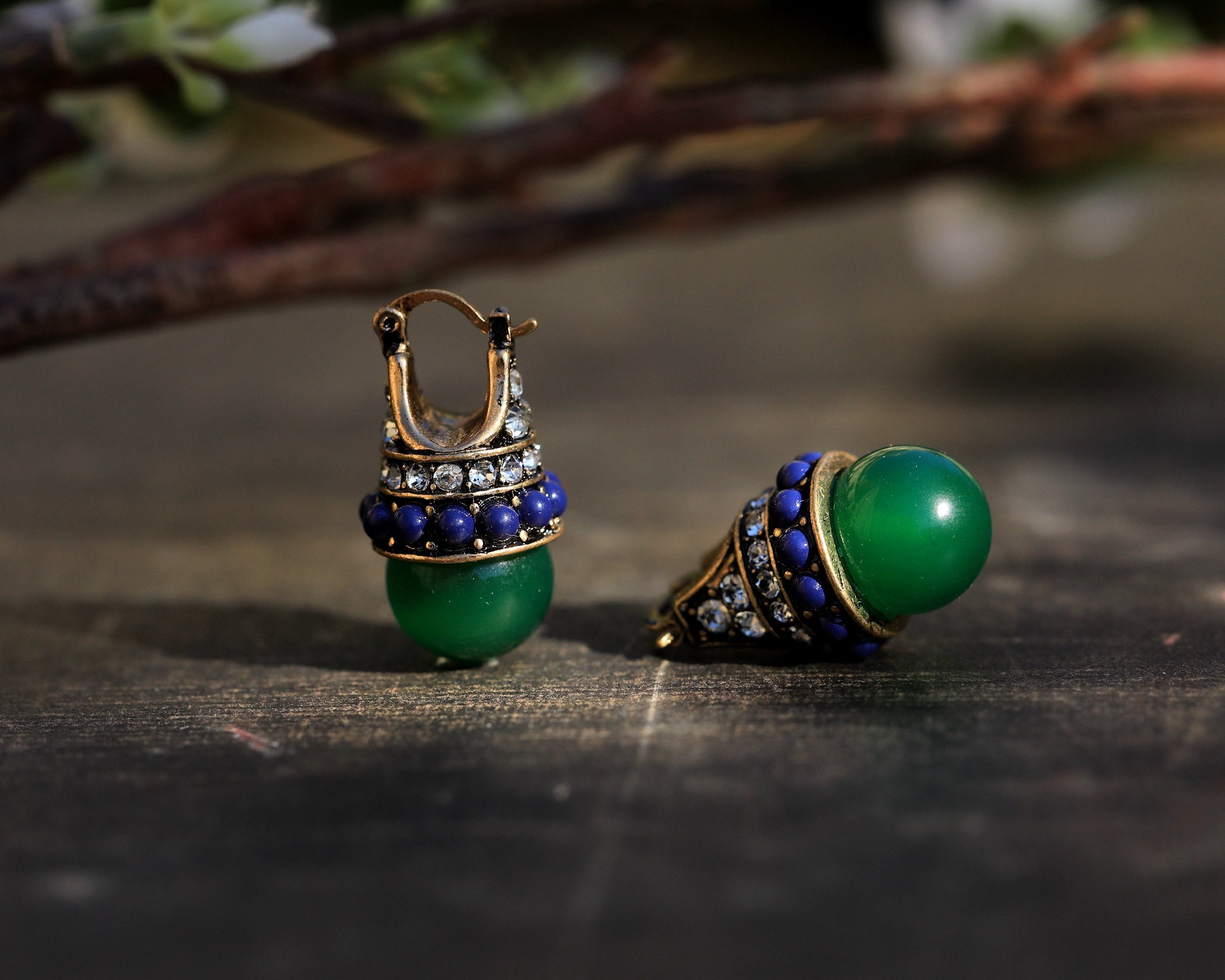 Boucles d'Oreilles Art Déco Dormeuses Lever-back Bateau Doré Perle Agate Vert Mini perle Bleu Tribal Vintage Style 1920s Mariage