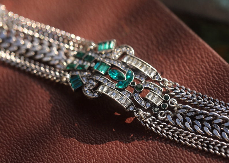 Superbe Bracelet Art Déco Large Argenté Doré Chain Géométrique Floral Vert Emeraude Vintage Style 1920s Great Gatsby Silver
