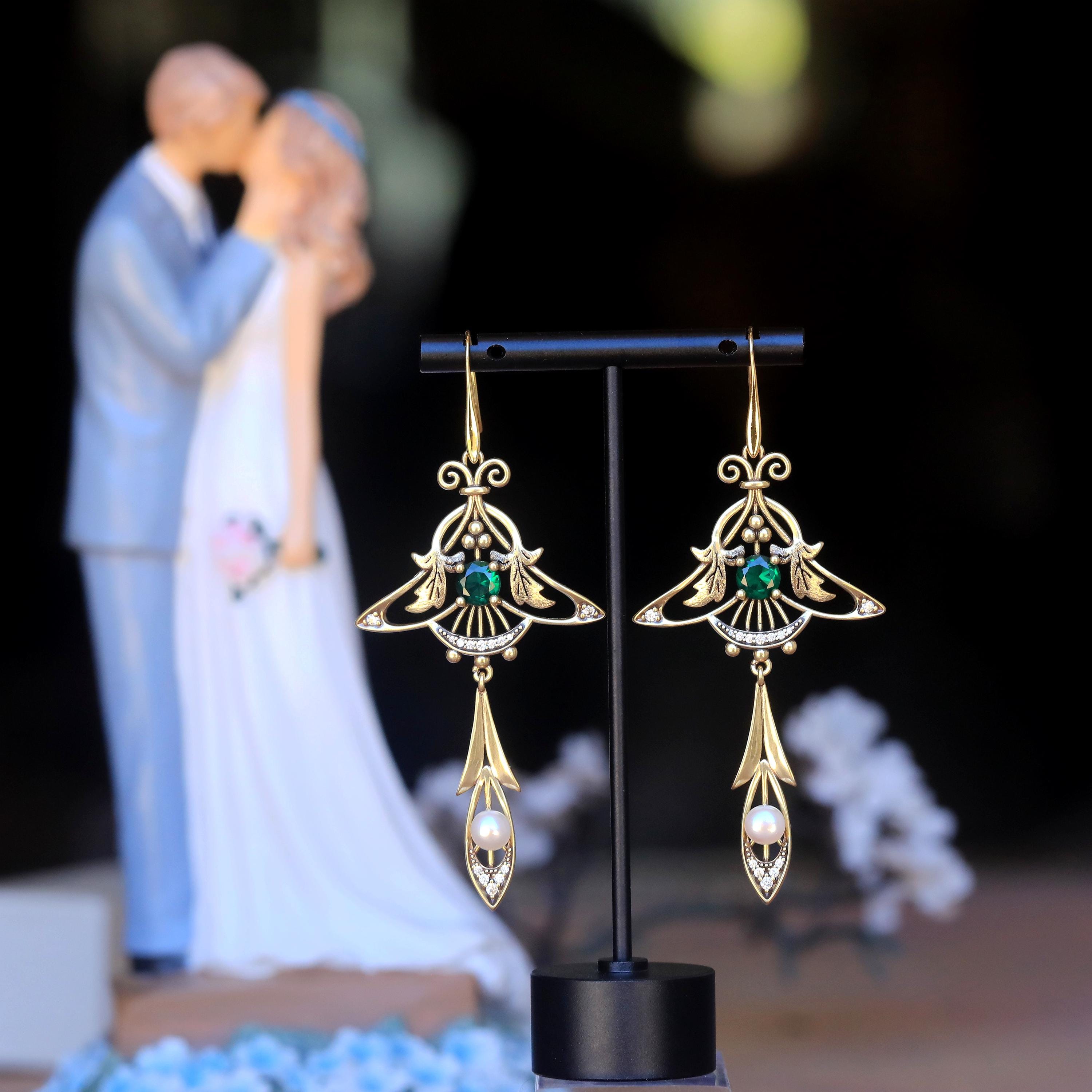 Boucles D'oreilles Pendantes Longues Chandelier - Style Antique Doré Avec Jade Goutte Vert Foncé