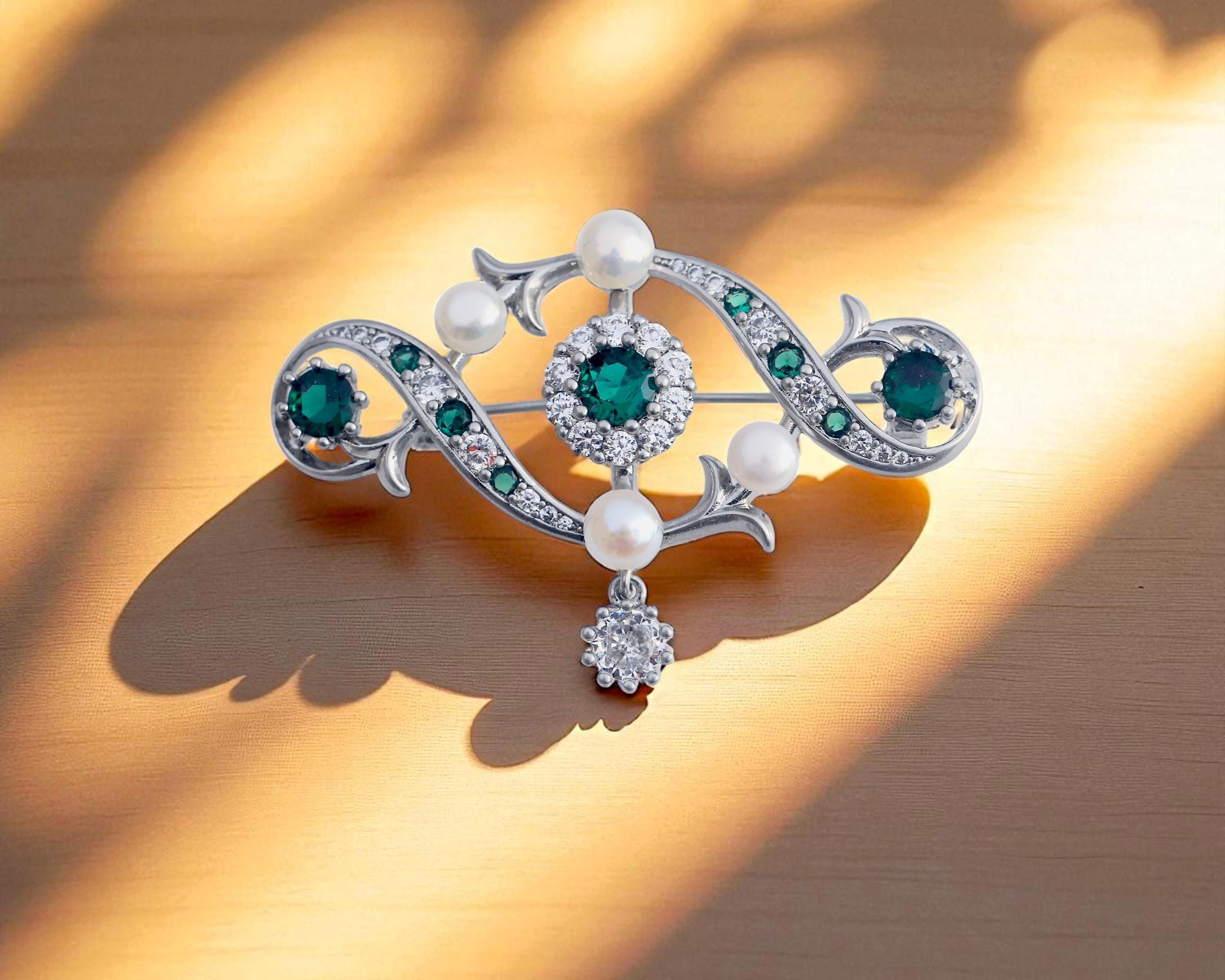 Broche Nœud Argentée Avec Perle Baroque Et CZ Vert - Style Belle Époque Vintage