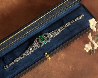 Superbe Bracelet Art Déco Argenté Doré Antique Géométrique Floral Strass Vert Emeraude Dentelle Mariage Vintage Style 1920s Great Gatsby