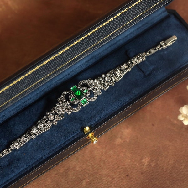 Superbe Bracelet Art Déco Argenté Antique Géométrique Floral Strass Vert Emeraude Dentelle Mariage Vintage Style 1920s Great Gatsby