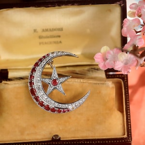 Art Nouveau Moon Star Brooch: Ruby Red CZ, Rhodium Plated