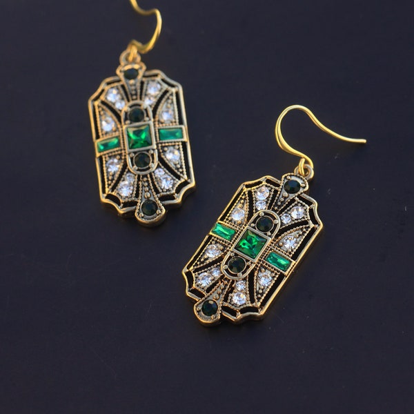 Boucles d'Oreilles Hypoallergenic Crochet Argent Massif 925 Art Déco Doré Antique Strass Vert Emeraude Mariage Style 1920s Great Gatsby