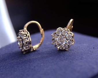 Superbe Boucles d'oreilles Art Déco Dormeuses Doré Antique Rond Floral Serti de CZ Blanc Stile vintage anni '20 Mariage Léger