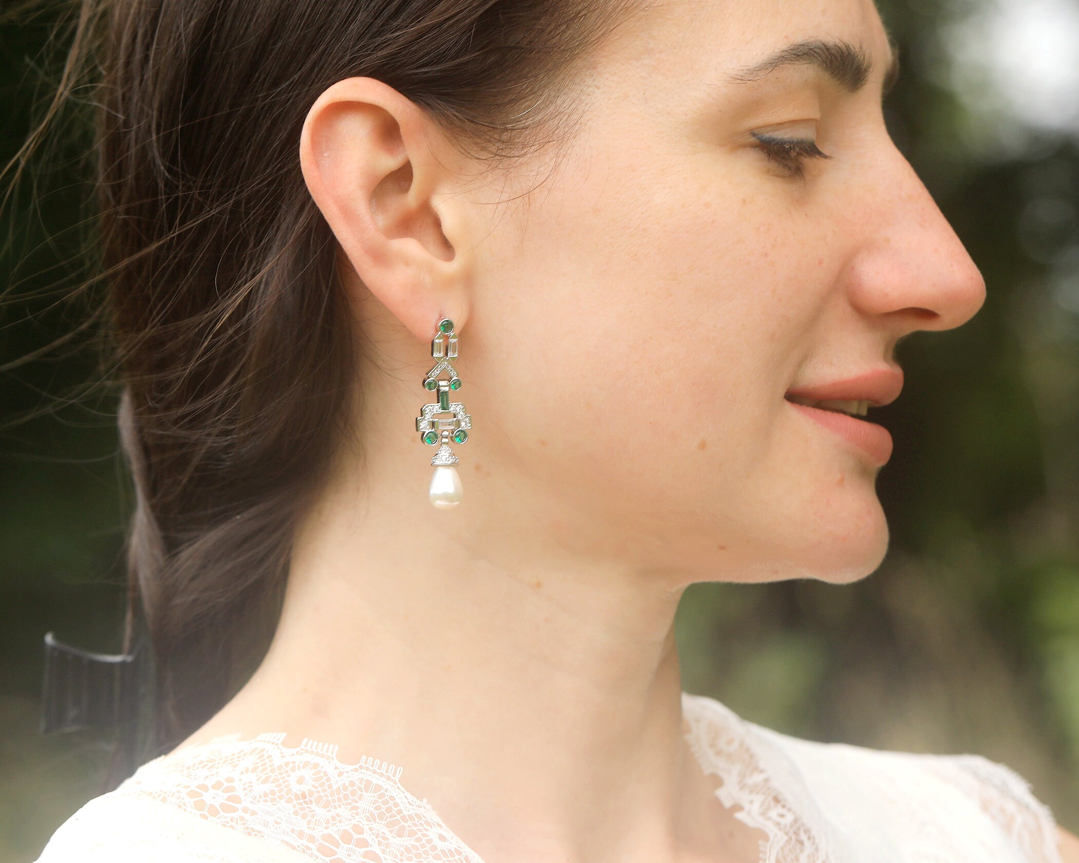 Boucles D'oreilles Clip (non Percées) - Pendant Longue Goutte Avec CZ Et Jade Vert | Fait Main, Unique, Sans Emballage