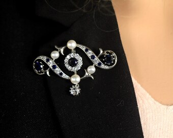 Broche Nœud Argentée Avec Perle Baroque Et CZ Vert - Style Belle Époque Vintage