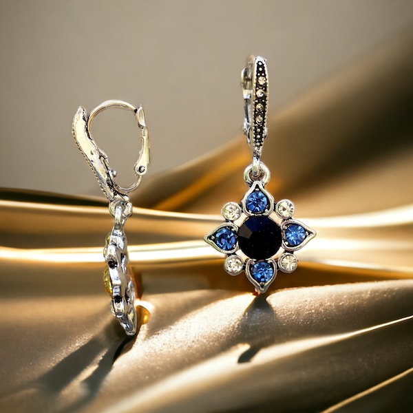 Boucles d'oreilles Argenté Antik Dormeuses Etoile Pavé Strass Bleu Saphir Vintage Stil Art Déco