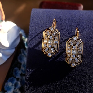 Boucles d'Oreilles Dormeuses Art Déco Doré Argenté Antique Géométrique Strass Baguette Blanc Mariage Vintage Style 1920s Great Gatsby
