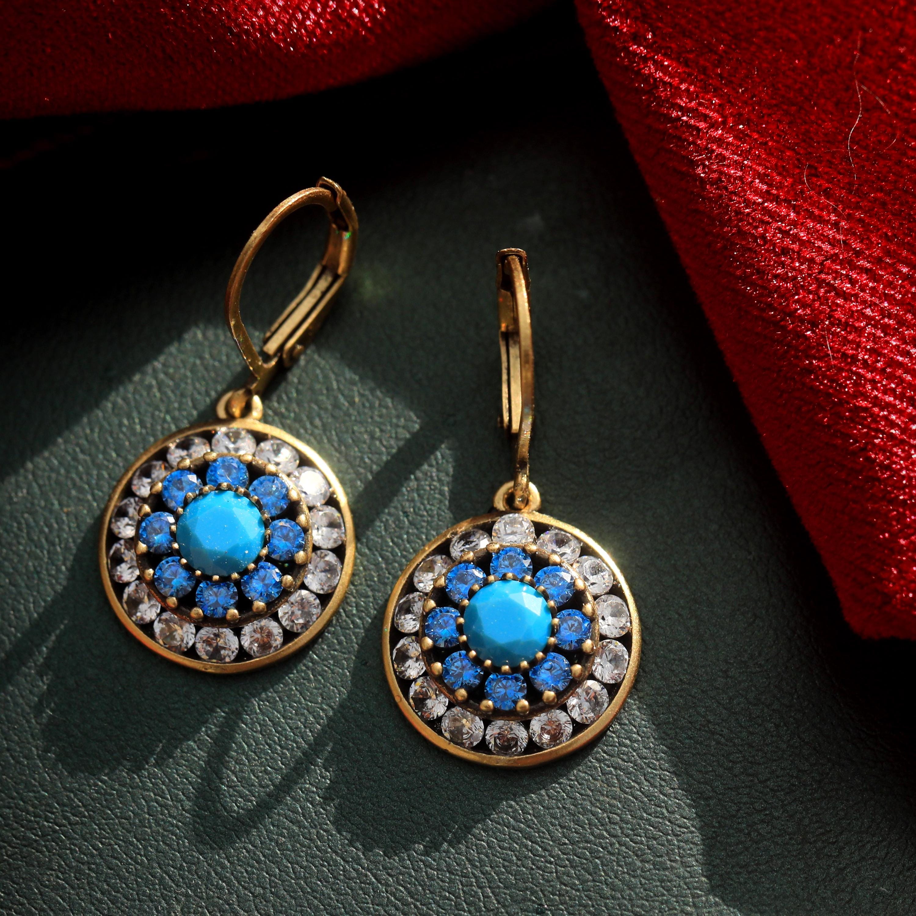 Boucles D'oreilles Dormeuses Dorées Serti CZ Bleu Rond - Verre Turquoise SB9