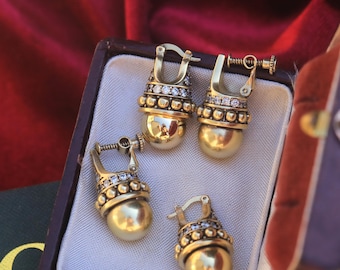 Pendant Lever-Back Earrings, clip on earrings: CZ, Antique Gold & Silver, Mini Pearl, byzantin Style, vintage style