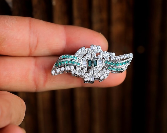 Broche Ancienne Art Déco En Argent Massif - Années 1920, Avec Pierre Verte, Origine France, Occasion Très Bon état