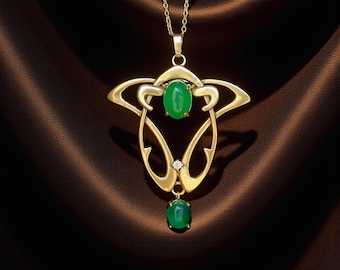 Superbe Collier Court Doré Vieilli Mat Art Nouveau Branche d'arbre Serti de CZ Agate Vert Ovale Vintage Style Plaqué Or