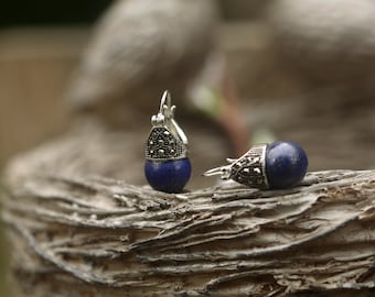 Boucles d'oreilles Art Déco Argenté Dormeuses Lever Back Perle de Lapis Lazuli Bleu Schlicht Elegant 12mm Mariage Vintage Style