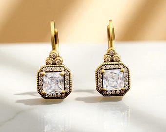 Brincos Art Déco: Ouro Antigo, Zircônia Cúbica, Estilo Anos 1920