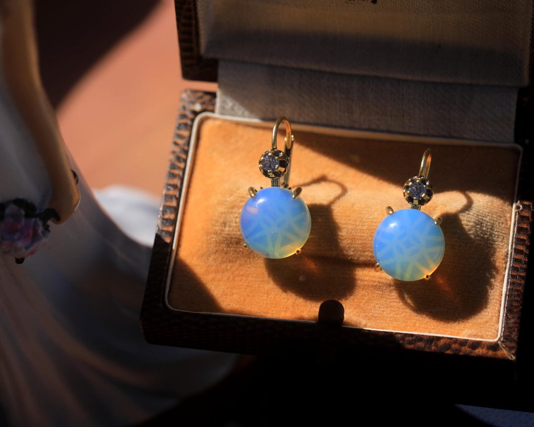 Boucles D'oreilles Pendantes Dormeuses - Doré, CZ Bleu, Perle Agate Vert - Fantaisie