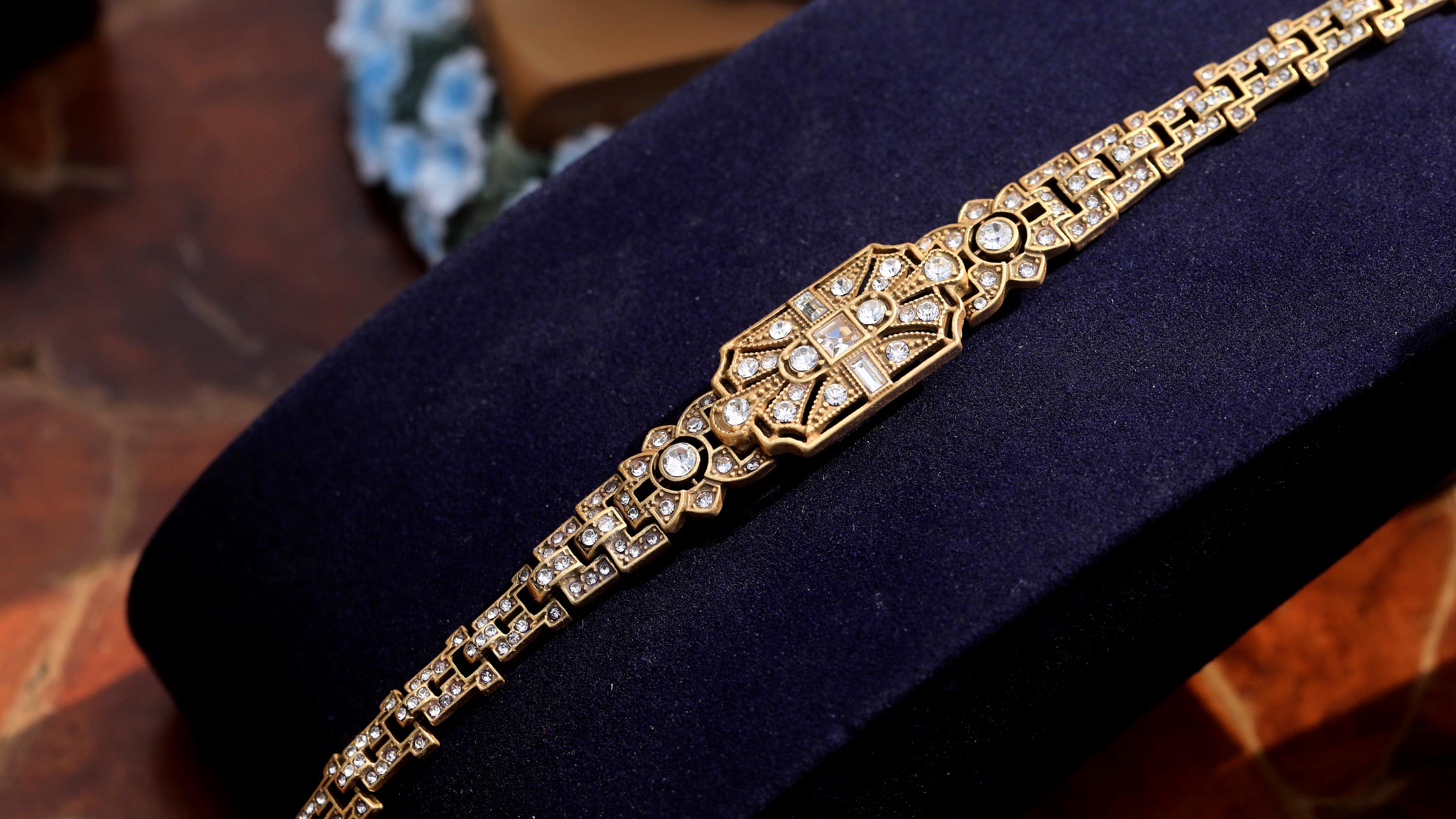 Collier Ras Du Cou Doré Antique Avec Strass – Style Art Déco / Great Gatsby, Neuf