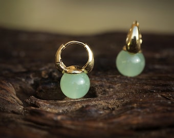 Boucles d’oreilles Art Déco Dormeuse Lever-back Bateau Lune Perle Jade Vert Clair Simple Elégant 12mm Mariage vintage Style Plaqué 14K