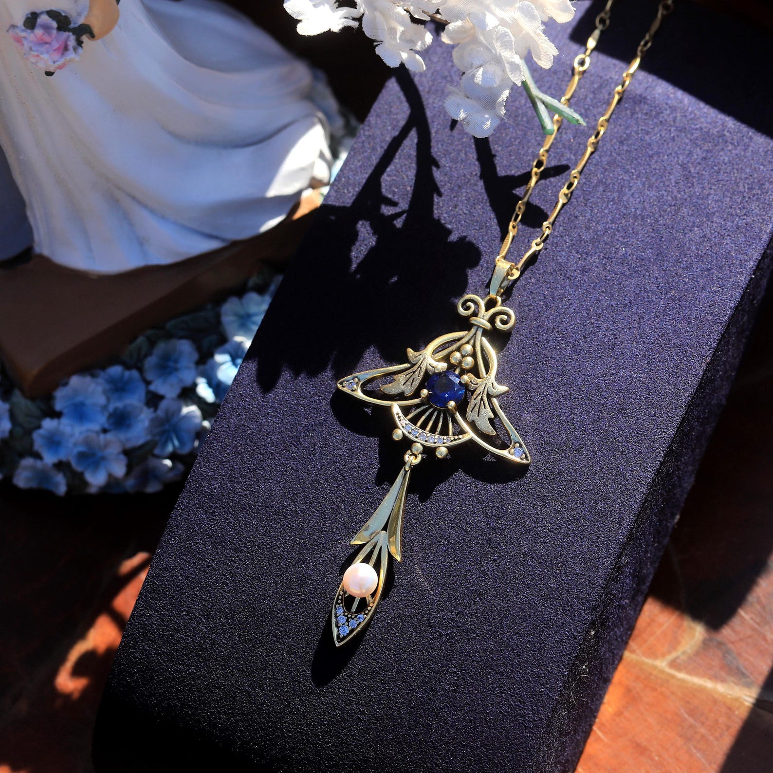 COLLIER PENDENTIF DORÉ Lapis Lazuli Bleu Perle Pierre de