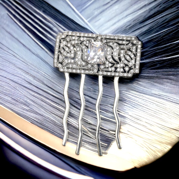 Superbe Peigne à Cheveux Comb Belle Epoque Art Déco Geometrique Rectangle Dentelle Serti de CZ Blanc 1920s Vintage Style Mariage Rhodié