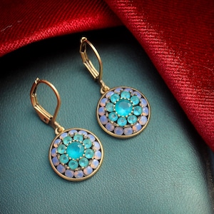 Boucles d'oreilles Art Déco Dormeuses Doré Mat Disque Serti de CZ Opale Vert Rose Turquoise Bleu Vintage 1920s Style Mariage Légeres