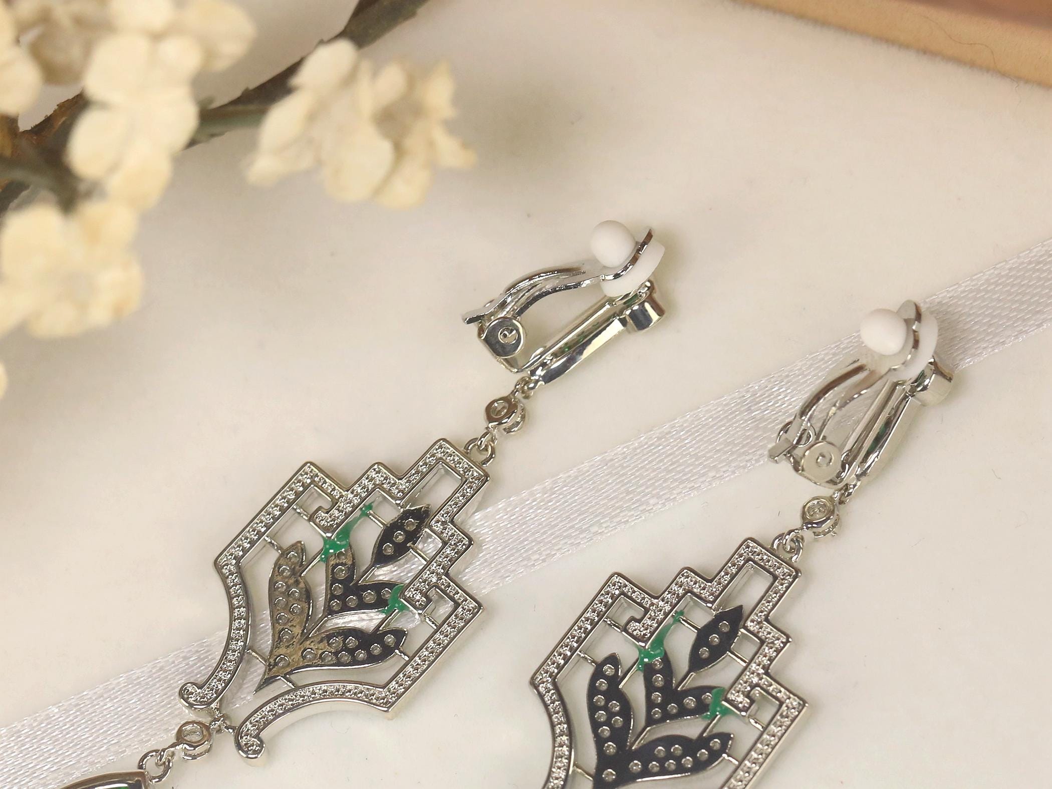 Boucles D'oreilles Clip Argenté Art Déco - Strass Vert - Style Great Gatsby - Neuf