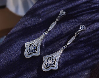 Boucles d'oreille Art Deco Clous Argenté Petit Art Deco Géométrique CZ Blanc Bleu Saphir Eventail Fin Vintage Style 1920s Mariage Légères