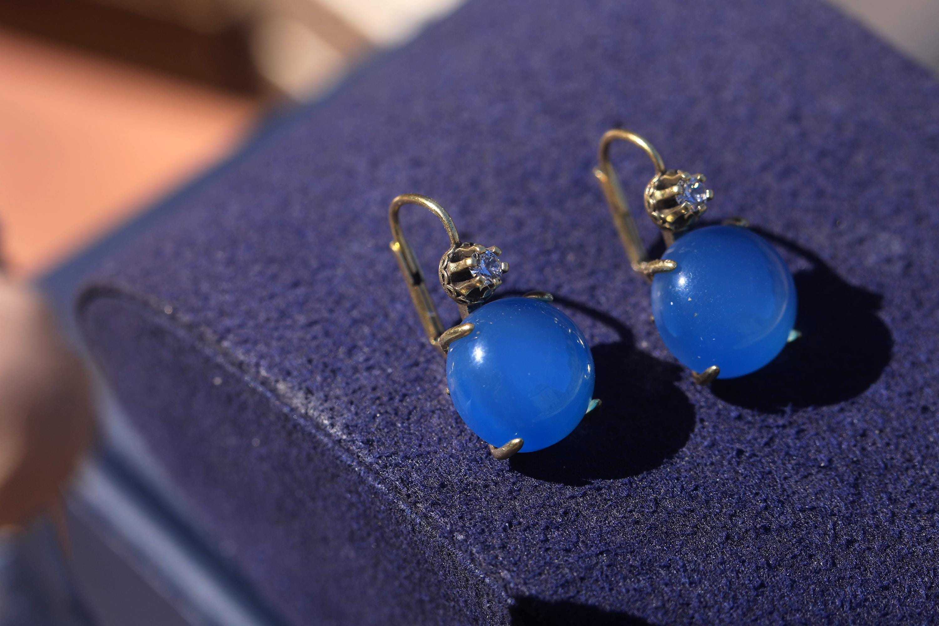 Boucles D'oreilles Dormeuses Doré Serti CZ Bleu Ovale Et Agate Vert - Modèle SB4 - Neuf Sans Emballage