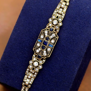 Magnífica pulsera Boucles d'Oreilles Art Déco Doré Antique Géométrique Rectángulo Strass Bleu Marine Mariage Estilo vintage Años 20 Gran Gatsby imagen 3