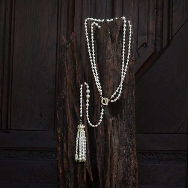 Collier de Dos Deux Rangs Sautoir Chaîne Doré Argenté Long Fausse Perle en Verre Vintage Style 1920s Mariage Great Gatsby