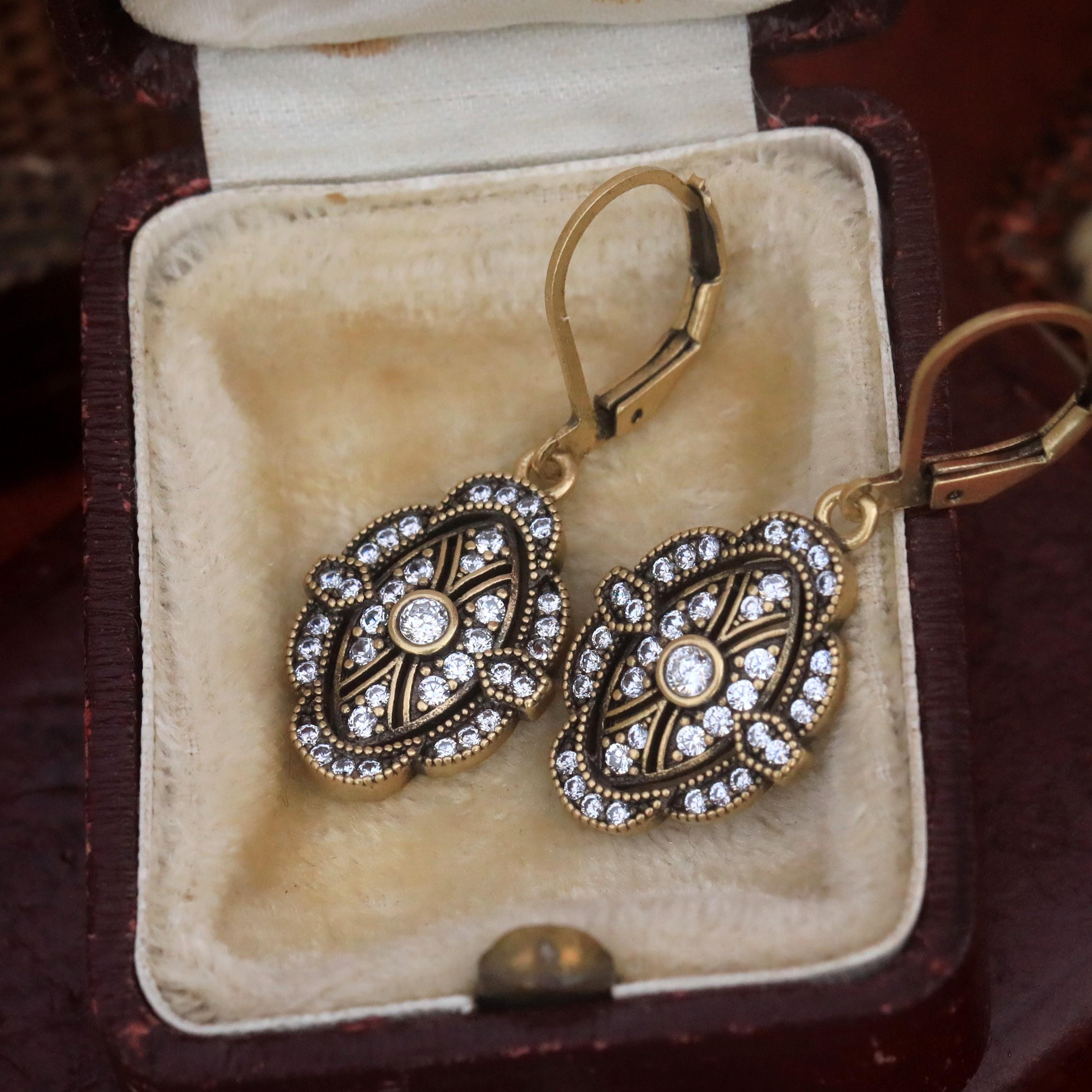 Boucles D'oreilles Crochet Doré - Diamantine Serti CZ - Style Art Déco DZ2
