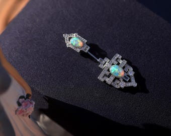 Petite Broche Pin Argenté Serti de CZ Blanc Art Déco Opale Ovale Vert Bleu Vintage Style 1920S Victorien Rhodié Mariage
