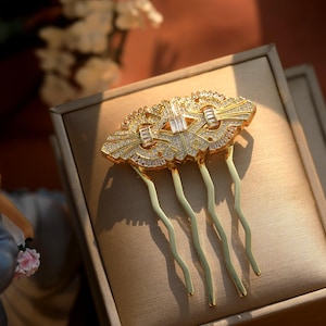 Superbe Peigne à Cheveux Art Déco Serti de CZ Blanc Plaqué l'Or 華麗なるギャツビー 1920 年代のマリアージュ ビンテージ スタイル