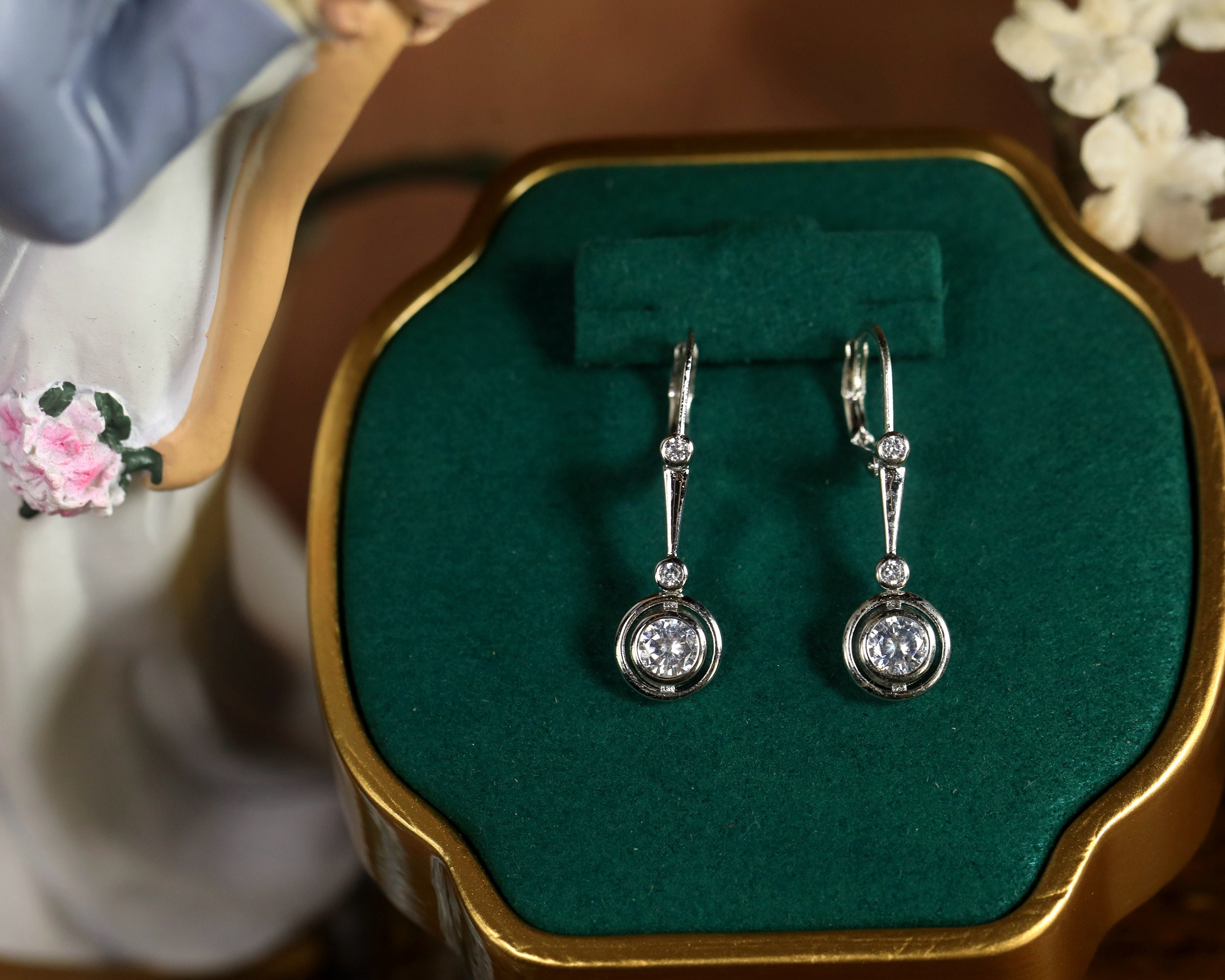 Boucles D'oreilles Pendantes Anciennes Style Art Déco - Argent Massif - Fermoir Dormeuse - Occasion