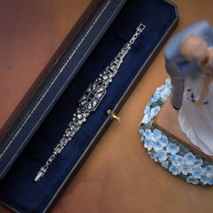 Superbe Armband Art Déco Argenté Antique Géométrique Floral Strass Rechteck Strass Bleu Marine Mariage Vintage Style 1920er Jahre Great Gatsby