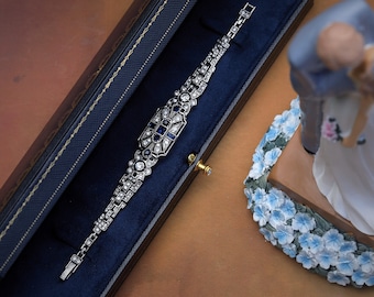 Superbe Bracelet Art Déco Argenté Antique Géométrique Floral Strass Rectangle Strass Bleu Marine Mariage Vintage Style 1920s Great Gatsby