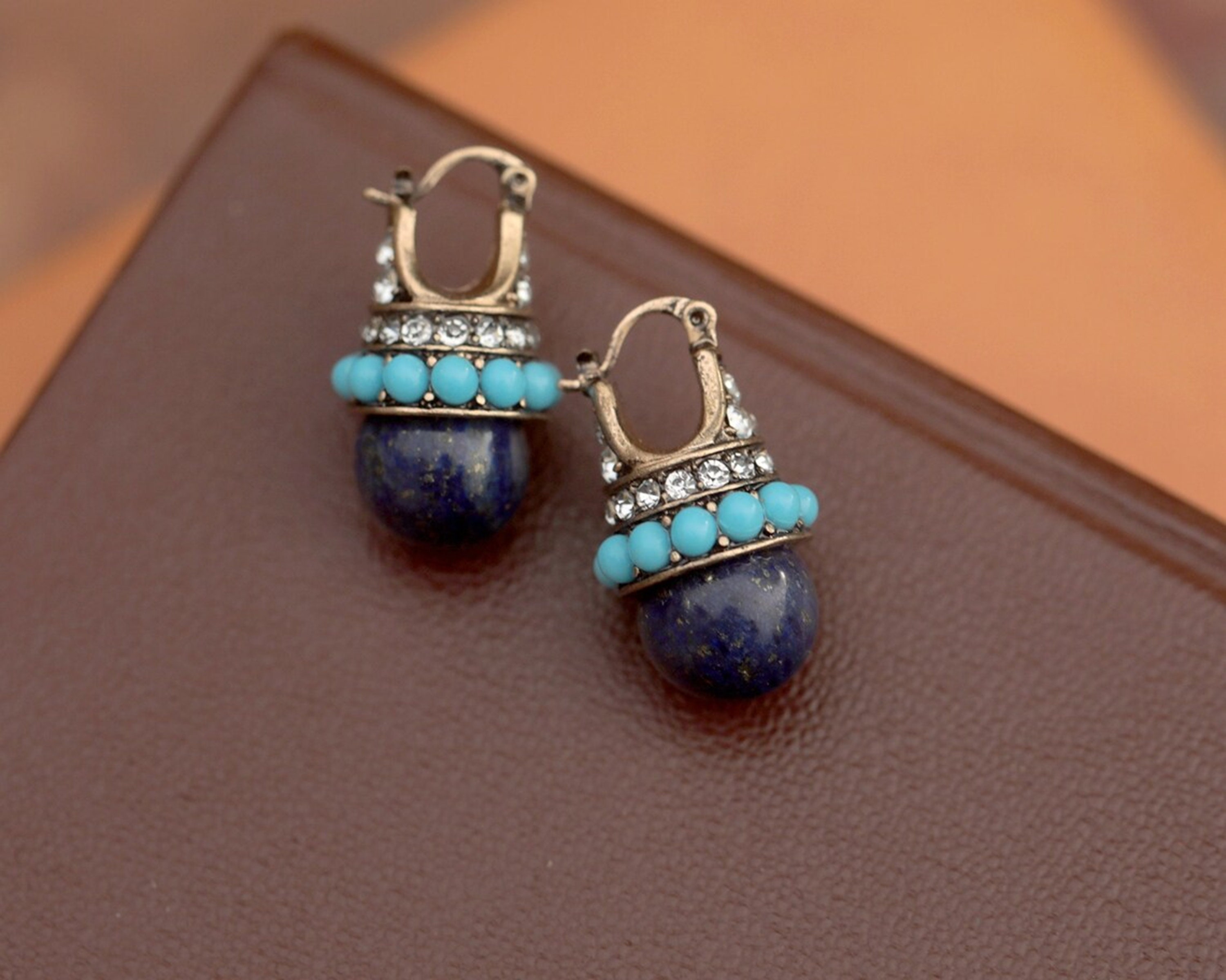 Boucles D'oreilles Dormeuses Art Déco - Or Doré Serti CZ & Lapis-lazuli Bleu - Neuf Sans Emballage