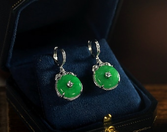 Boucles d'oreilles Art Déco Dormeuses Argenté Serti de CZ Jade Vert Donut Mariage Vintage Style 1920s Mariage