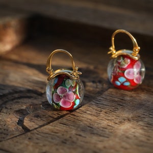 Boucles d&#39;Oreilles Art Déco Dormeuse Doré Argenté Perle Verre Fleur Rouge Bleu Simple 16mm 14mm 12mm Mariage Vintage Murano Style Plaqué