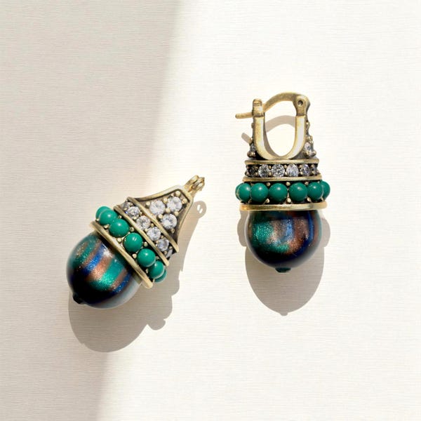 Art Deco Brisur Ohrringe: Gold, bunte Perle, Vintage Stil 1920