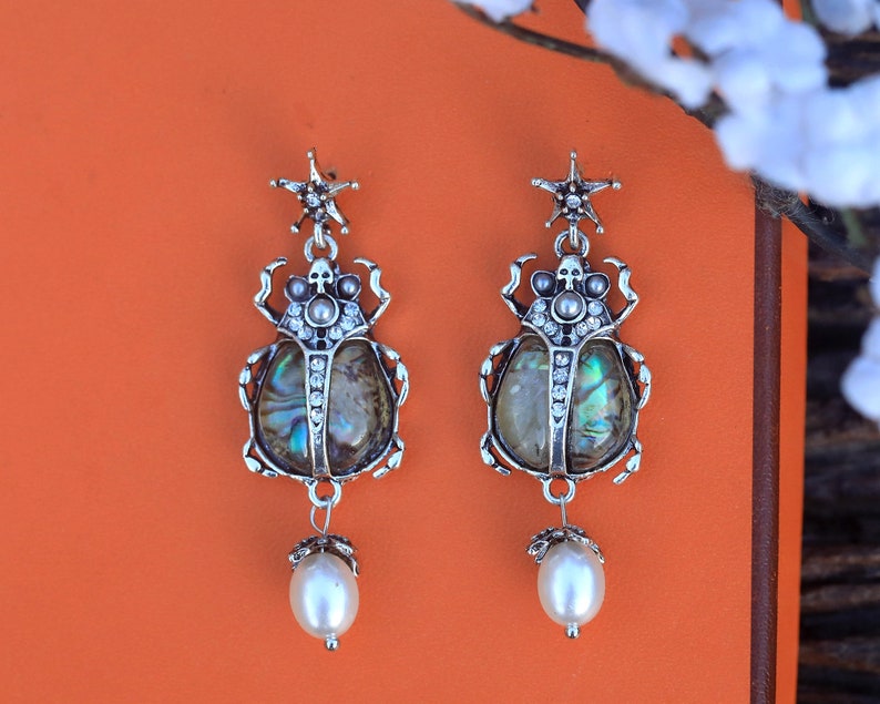 Boucles d/'oreilles Art D\u00e9co Clous Argent\u00e9 Gothique Insecte Scarab\u00e9e Col\u00e9opt\u00e8re Etoile T\u00eate de Mort Perle Mariage 1920s Vintage Style