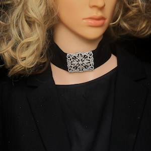 Art Deco CZ Choker Necklace: Silver Geometric Fan, Black Velvet