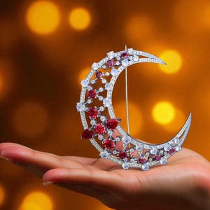 Art Nouveau Moon Brooch: Ruby Red CZ, Rhodium Plated